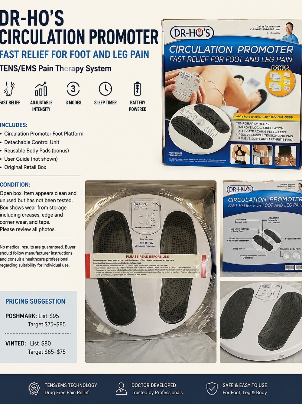 DR-HO'S Circulation Promoter TENS EMS Foot Leg Therapy System Open Box